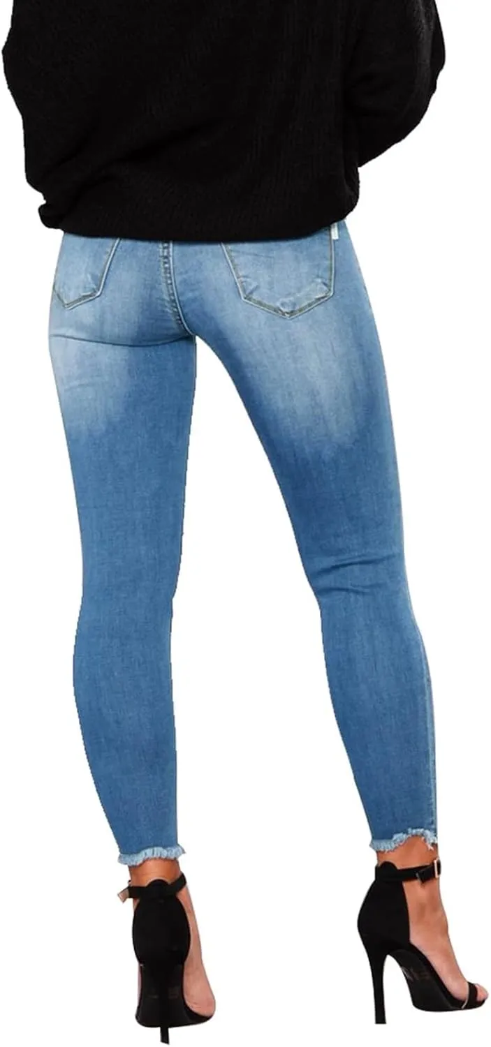 Skinny Jeans for Women Raw Hem Elastic Low Rise Ripped Jeans Casual Tapered Distressed Jeans with Pockets Denim Pants