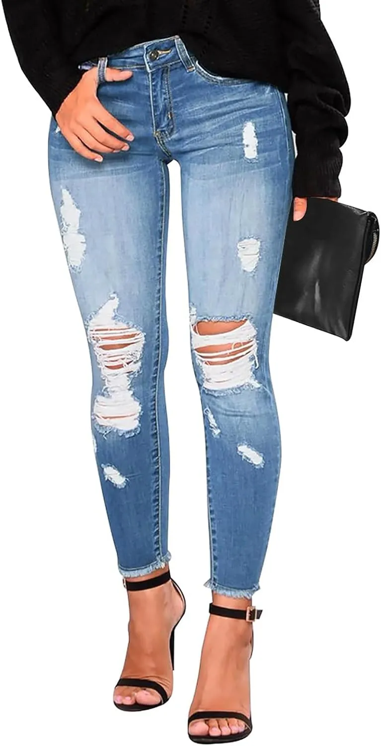 Skinny Jeans for Women Raw Hem Elastic Low Rise Ripped Jeans Casual Tapered Distressed Jeans with Pockets Denim Pants