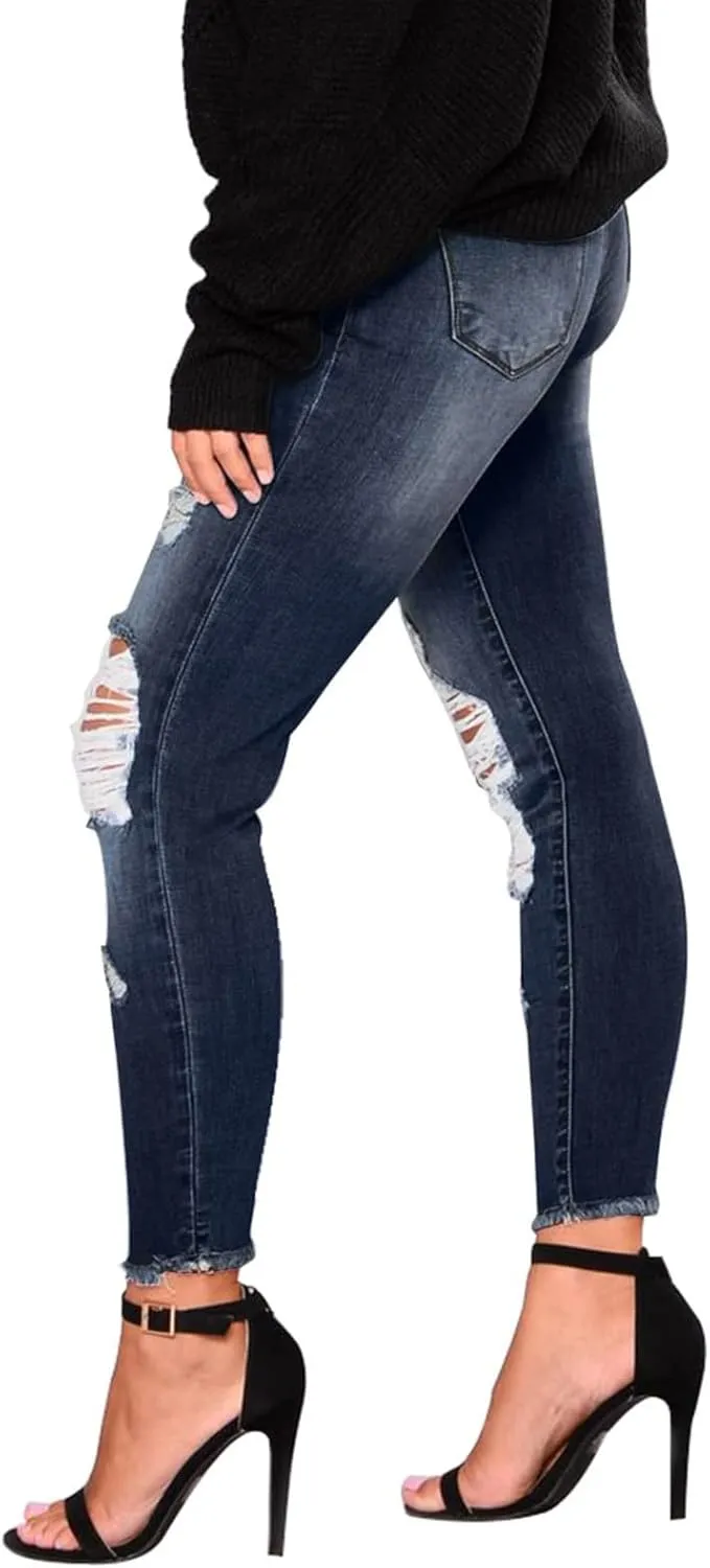 Skinny Jeans for Women Raw Hem Elastic Low Rise Ripped Jeans Casual Tapered Distressed Jeans with Pockets Denim Pants