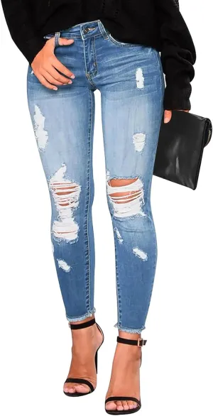 Skinny Jeans for Women Raw Hem Elastic Low Rise Ripped Jeans Casual Tapered Distressed Jeans with Pockets Denim Pants
