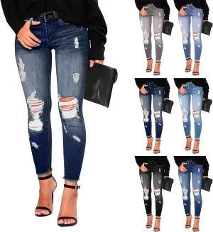 Skinny Jeans for Women Raw Hem Elastic Low Rise Ripped Jeans Casual Tapered Distressed Jeans with Pockets Denim Pants