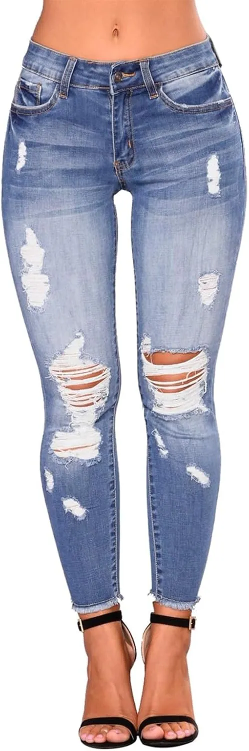 Skinny Jeans for Women Raw Hem Elastic Low Rise Ripped Jeans Casual Tapered Distressed Jeans with Pockets Denim Pants