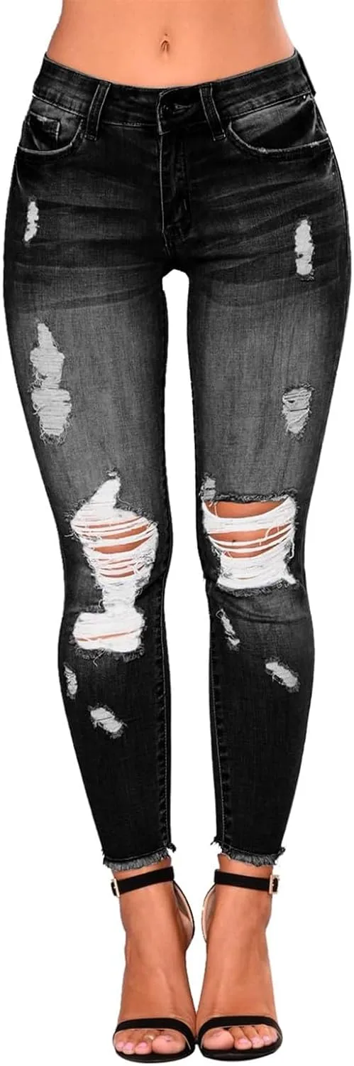 Skinny Jeans for Women Raw Hem Elastic Low Rise Ripped Jeans Casual Tapered Distressed Jeans with Pockets Denim Pants