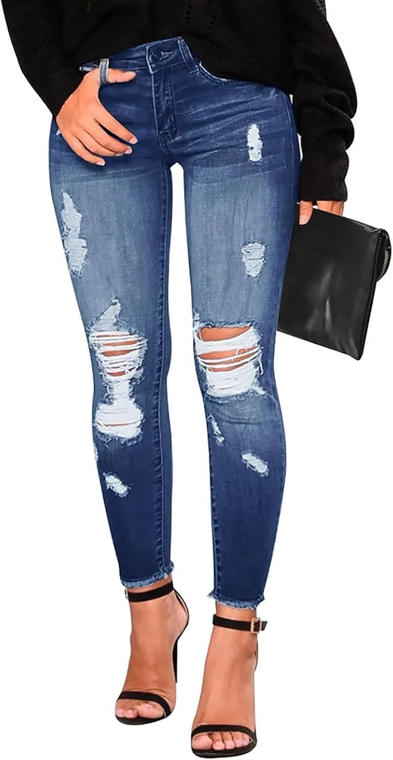 Skinny Jeans for Women Raw Hem Elastic Low Rise Ripped Jeans Casual Tapered Distressed Jeans with Pockets Denim Pants