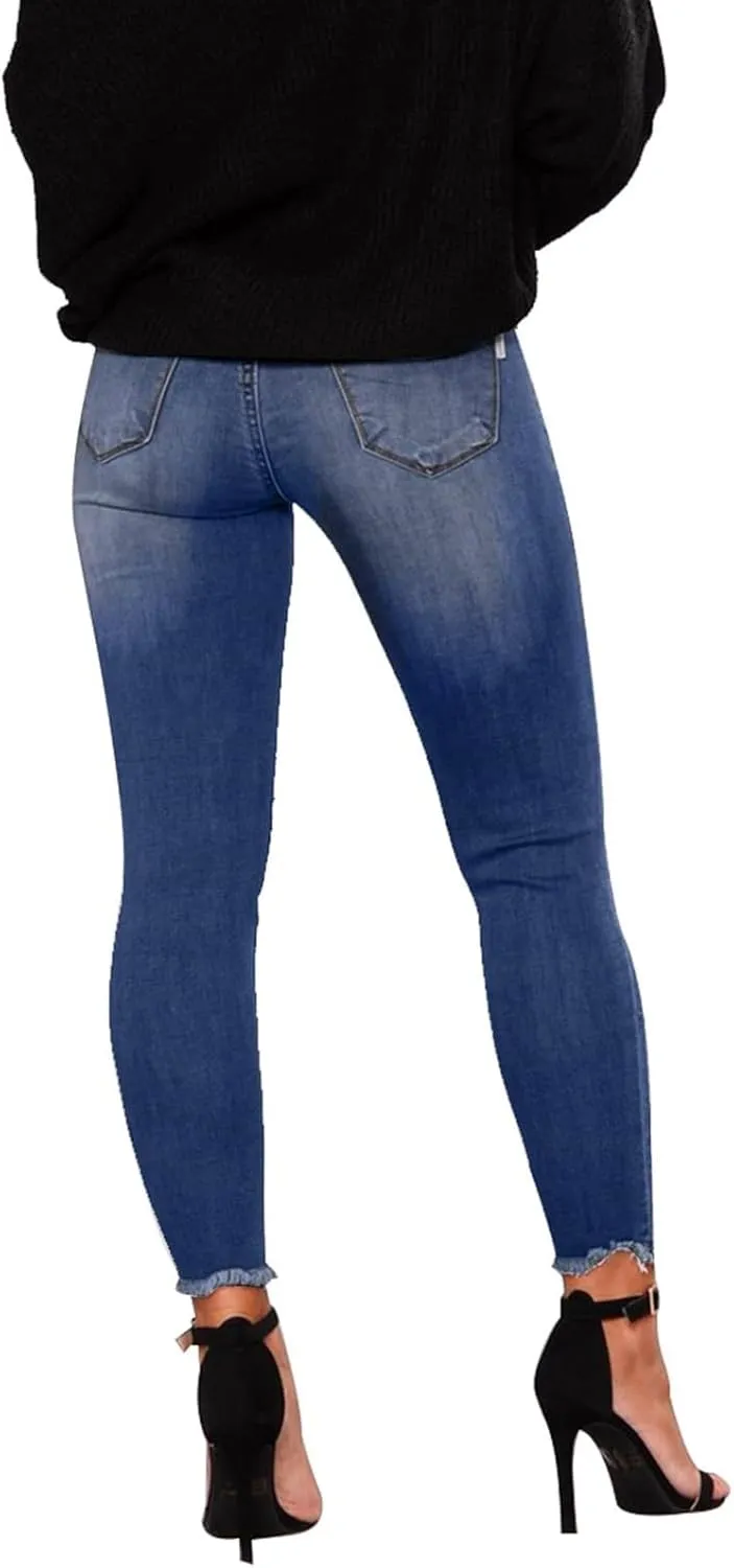 Skinny Jeans for Women Raw Hem Elastic Low Rise Ripped Jeans Casual Tapered Distressed Jeans with Pockets Denim Pants
