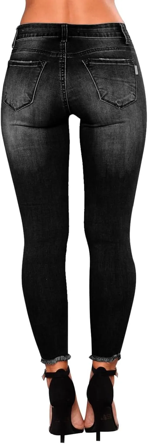 Skinny Jeans for Women Raw Hem Elastic Low Rise Ripped Jeans Casual Tapered Distressed Jeans with Pockets Denim Pants