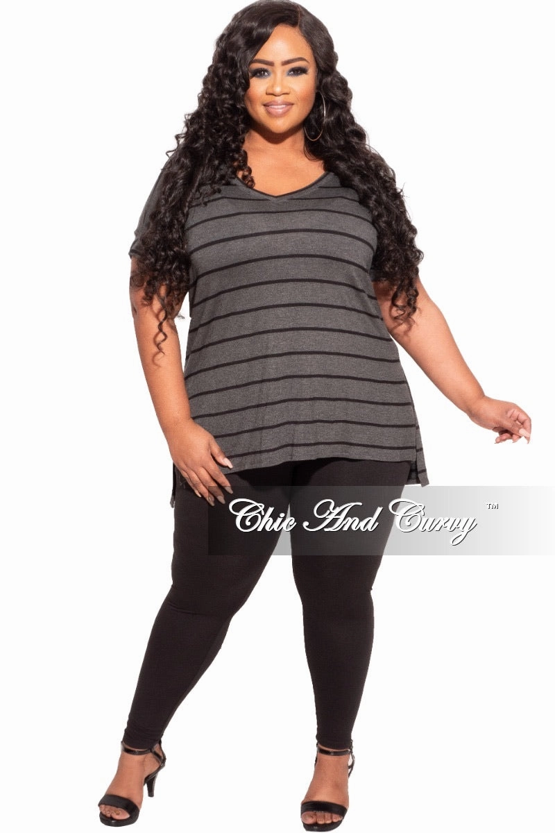 Final Sale Plus Size 2-Piece Striped Top and Solid Legging Set in Black and Grey Stripe Essential Wear Everyday Essential