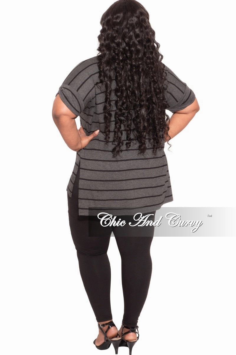 Final Sale Plus Size 2-Piece Striped Top and Solid Legging Set in Black and Grey Stripe Anti Pilling Lightweight Flex