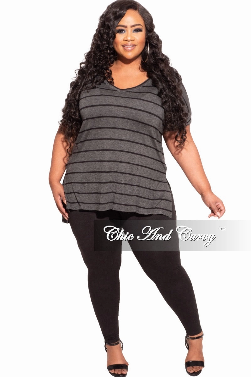 Final Sale Plus Size 2-Piece Striped Top and Solid Legging Set in Black and Grey Stripe Laser Cut Perforations Anti Pilling