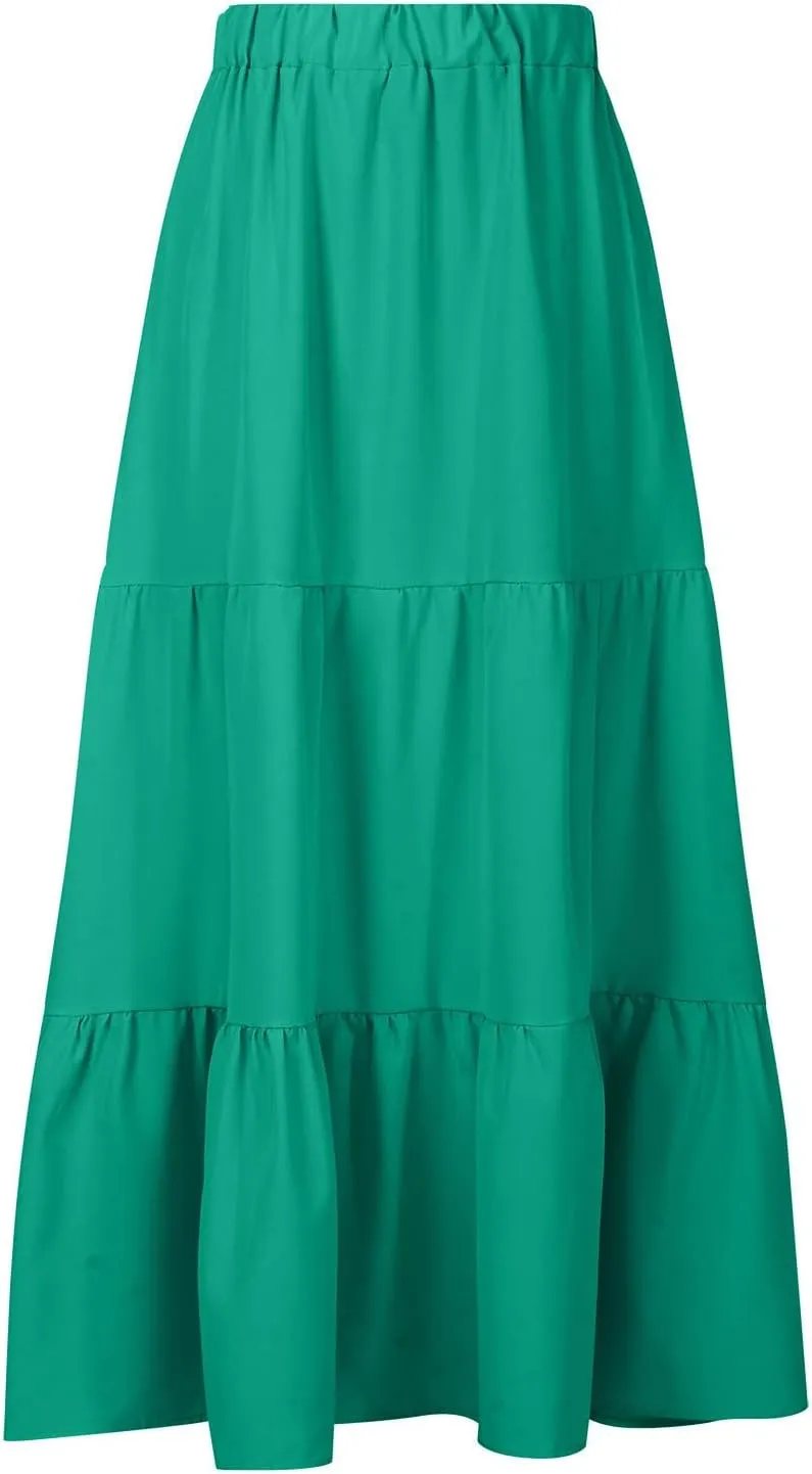 Skirts for Women 2024 Plus Size Elastic Waist Pleated Tiered Ruffle Swing Skirts Summer Causal Solid Maxi Skirts