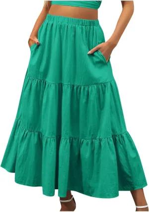 Skirts for Women 2024 Plus Size Elastic Waist Pleated Tiered Ruffle Swing Skirts Summer Causal Solid Maxi Skirts