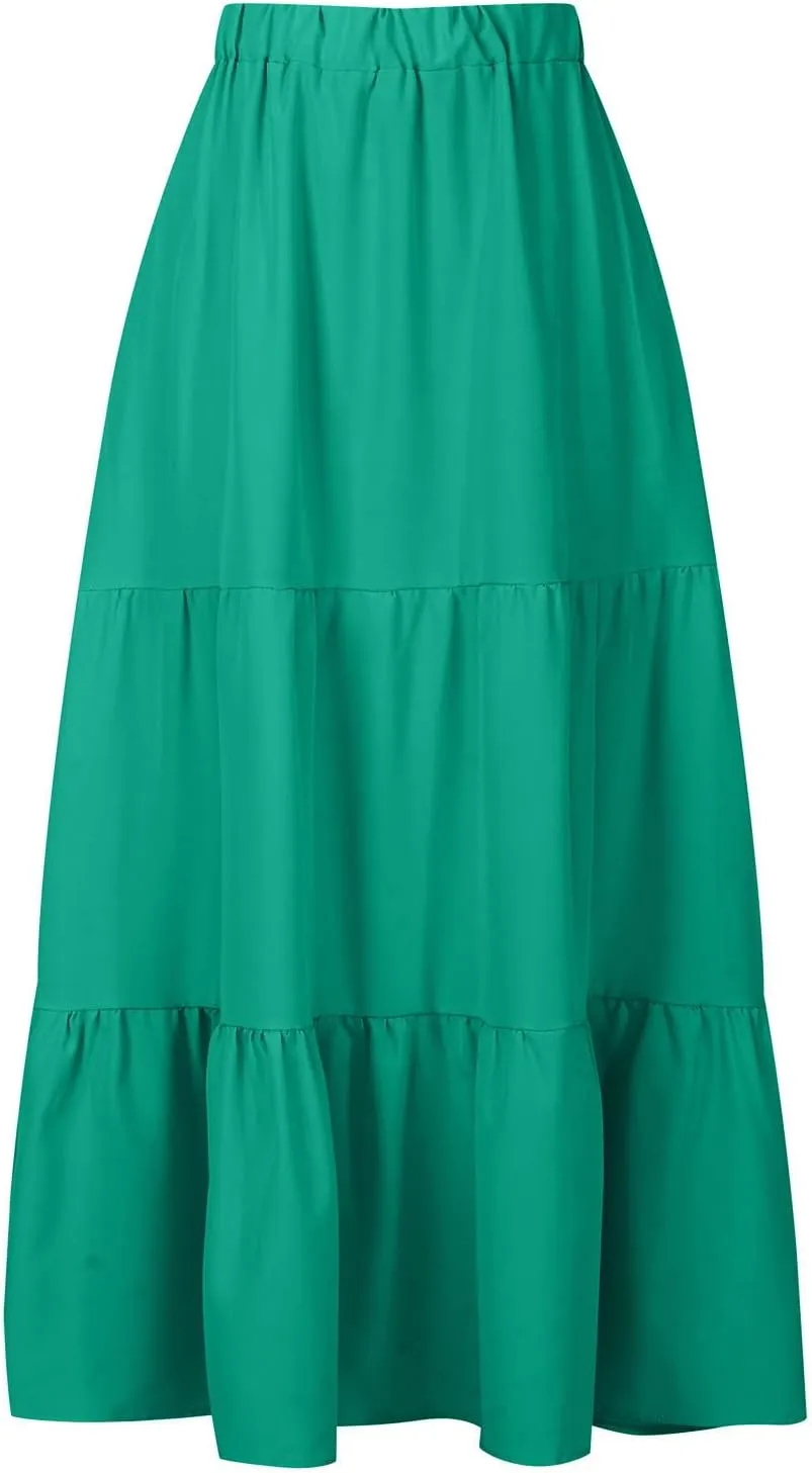 Skirts for Women 2024 Plus Size Elastic Waist Pleated Tiered Ruffle Swing Skirts Summer Causal Solid Maxi Skirts