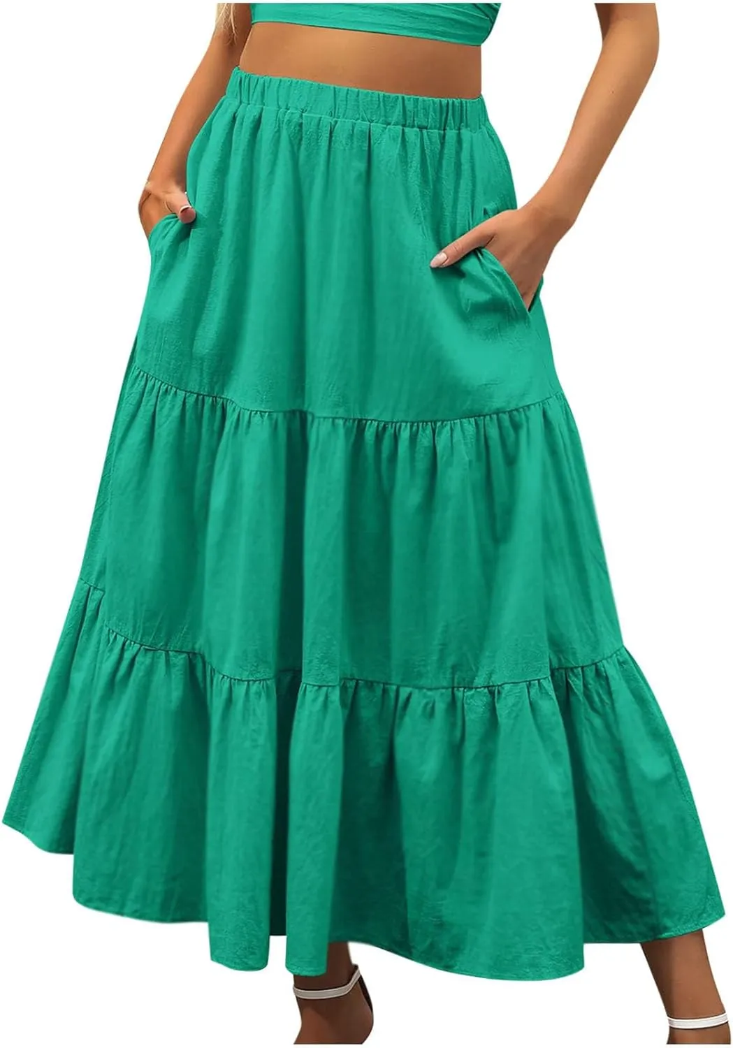 Skirts for Women 2024 Plus Size Elastic Waist Pleated Tiered Ruffle Swing Skirts Summer Causal Solid Maxi Skirts