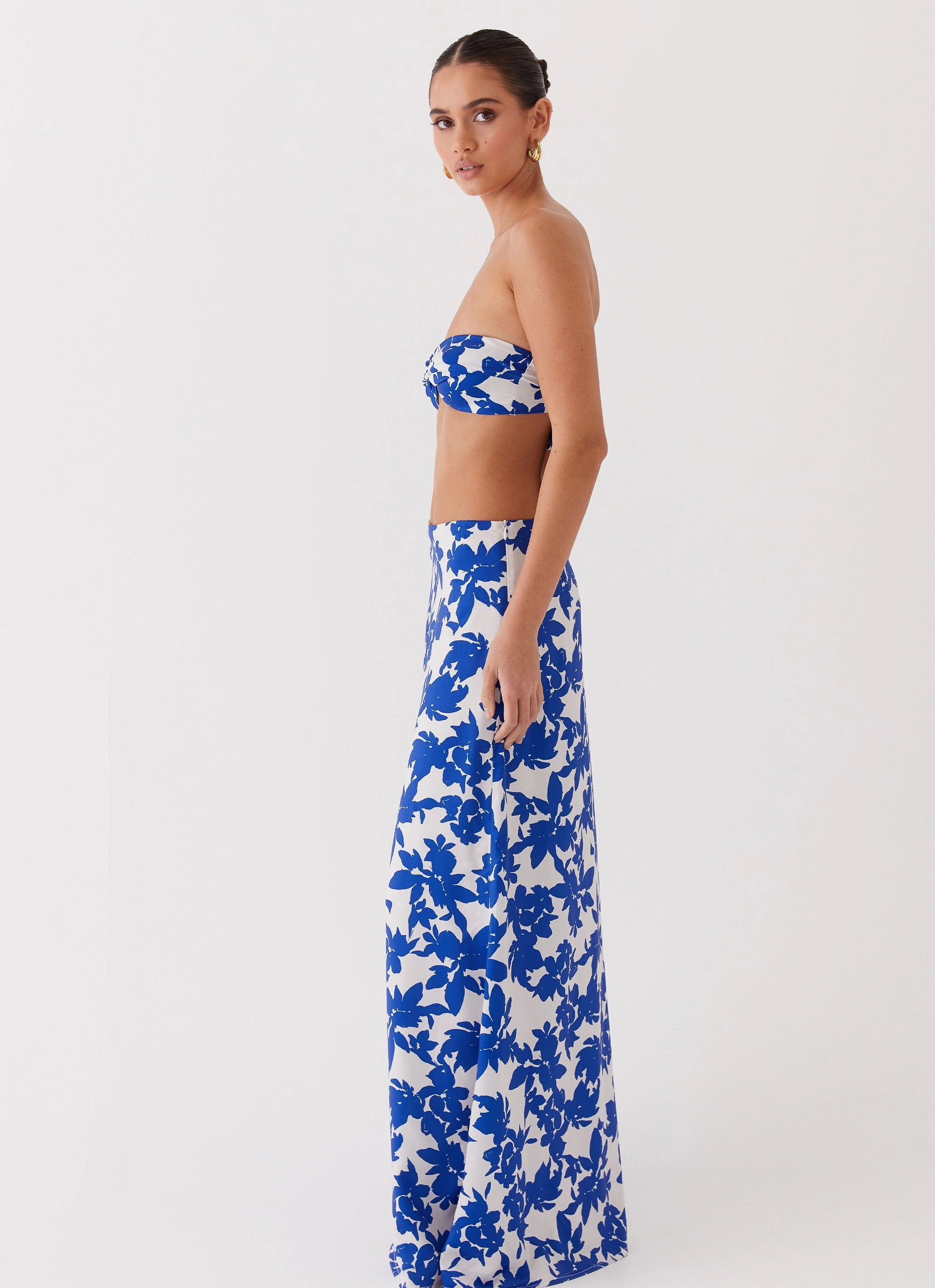 Anti Pilling Surface Sky Gaze Low Rise Maxi Skirt - Blue Floral