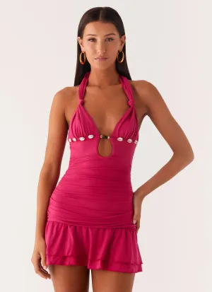 Payback Shell Trim Mini Dress - Fuchsia Bell-Sleeve Crisp Detail