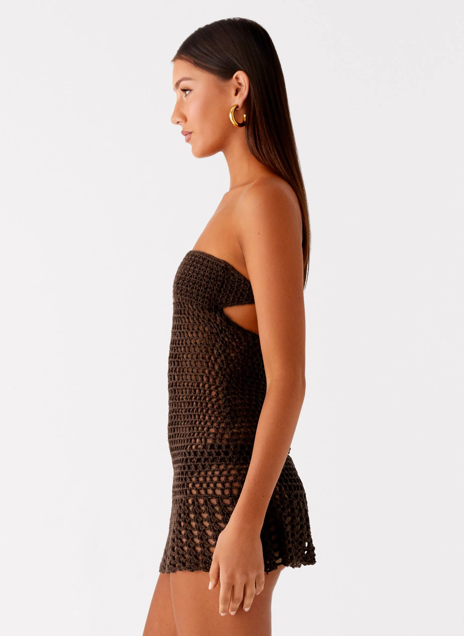 Resort Outfit Ribbed-Texture Kaiane Strapless Crochet Mini Dress - Chocolate