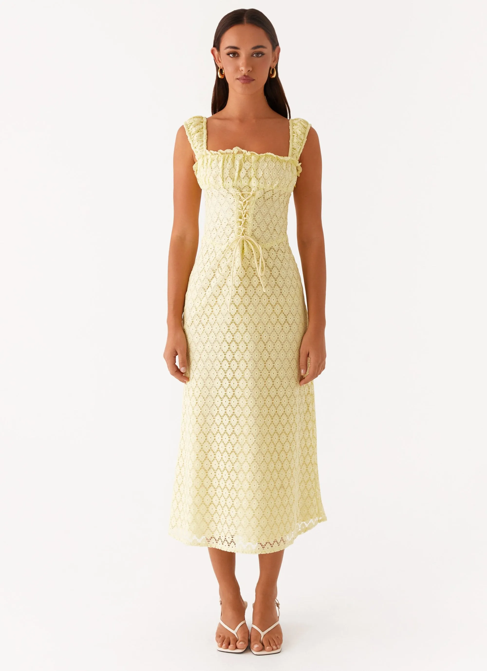 Keziah Tie Front Midi Dress - Lemon Church Scene Compact Fit