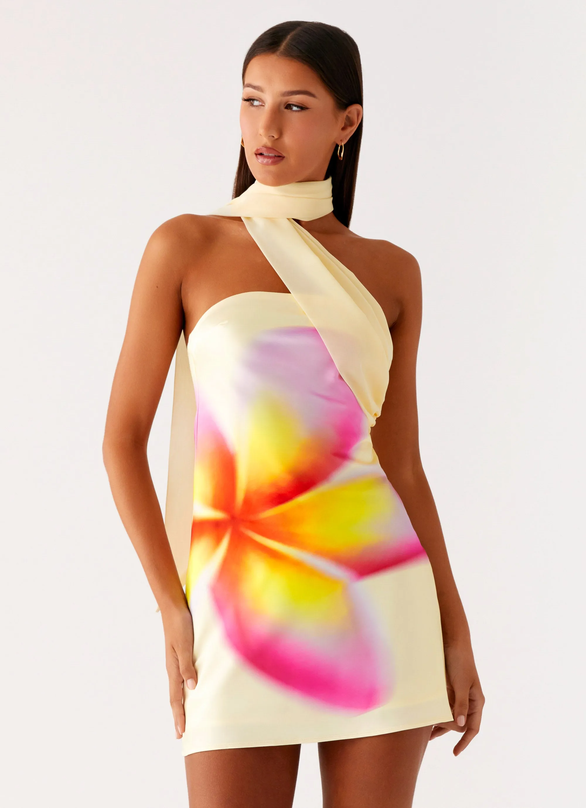 Isa Scarf Satin Mini Dress - Frangipani Yellow Slim Silhouette