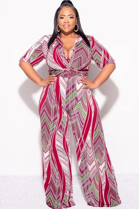 Final Sale Plus Size Deep V Jumpsuit with Tie in Burgundy Multi Color Print Mesh Panel No Fuss Fit