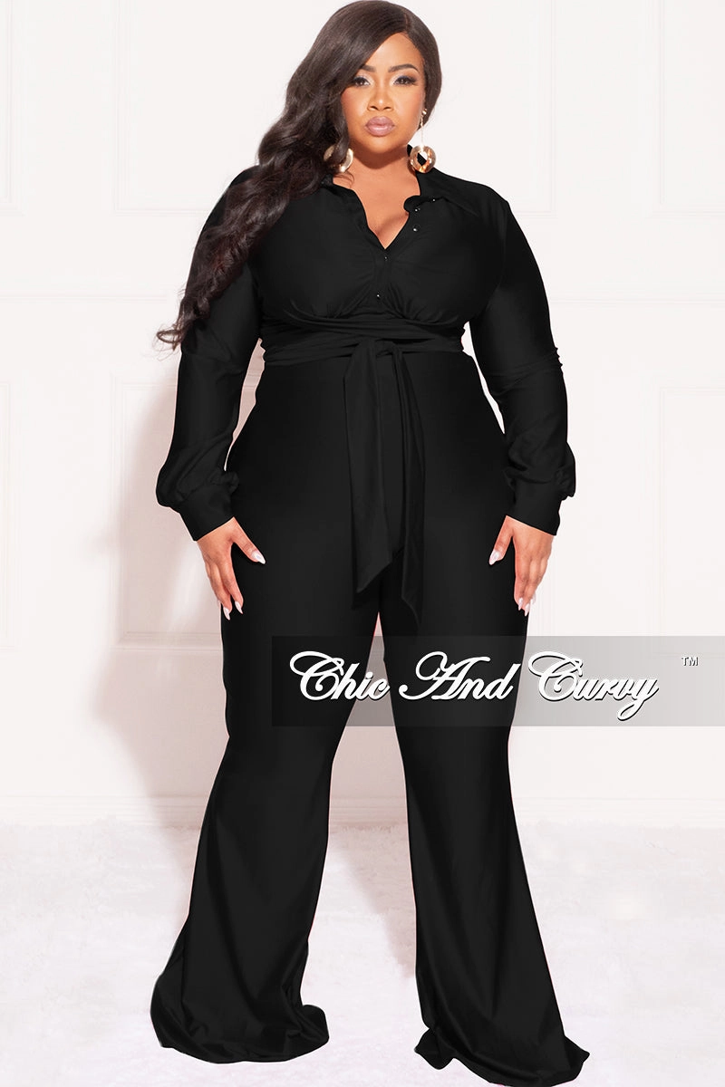 Final Sale Plus Size Shiny 2pc Collar Button Up Crop Tie Top and Bell Bottom Pants Set in Black Side zipper Stretchy Waist