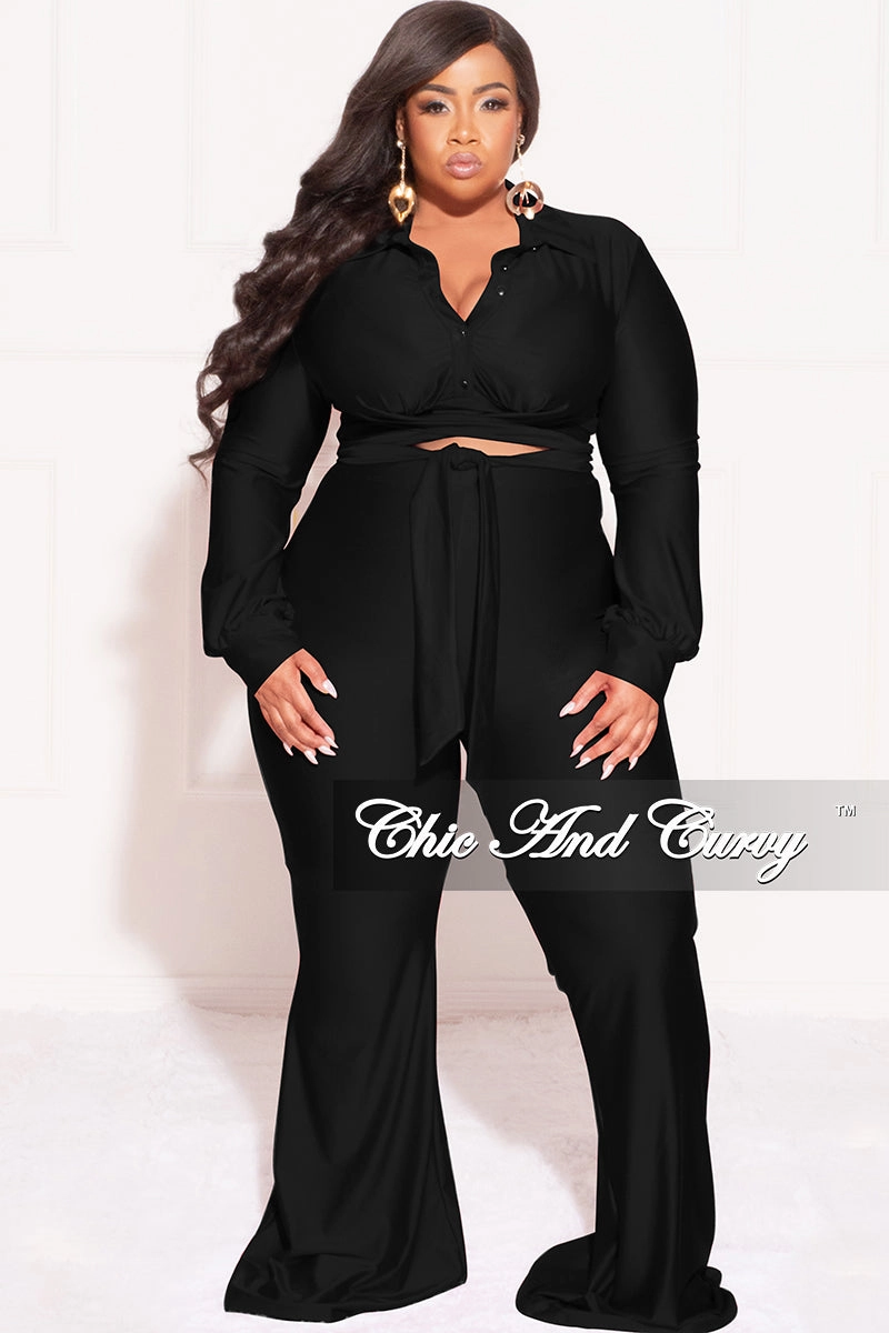 Final Sale Plus Size Shiny 2pc Collar Button Up Crop Tie Top and Bell Bottom Pants Set in Black Quick Pack Functional Waist
