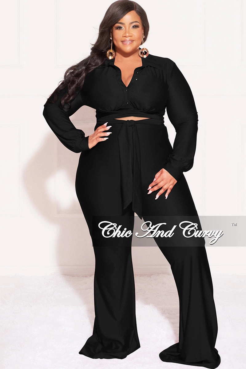 Final Sale Plus Size Shiny 2pc Collar Button Up Crop Tie Top and Bell Bottom Pants Set in Black Anti Pilling Fabric