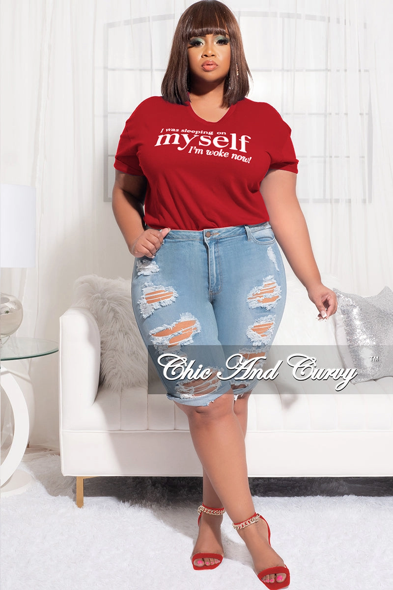 Final Sale Plus Size Short Sleeve Crew Neck I Was Sleeping On Myself I'm Woke Now T-Shirt in Red Breathable wear