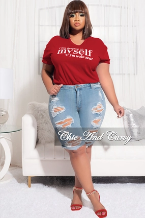 Final Sale Plus Size Short Sleeve Crew Neck I Was Sleeping On Myself I'm Woke Now T-Shirt in Red Breathable wear