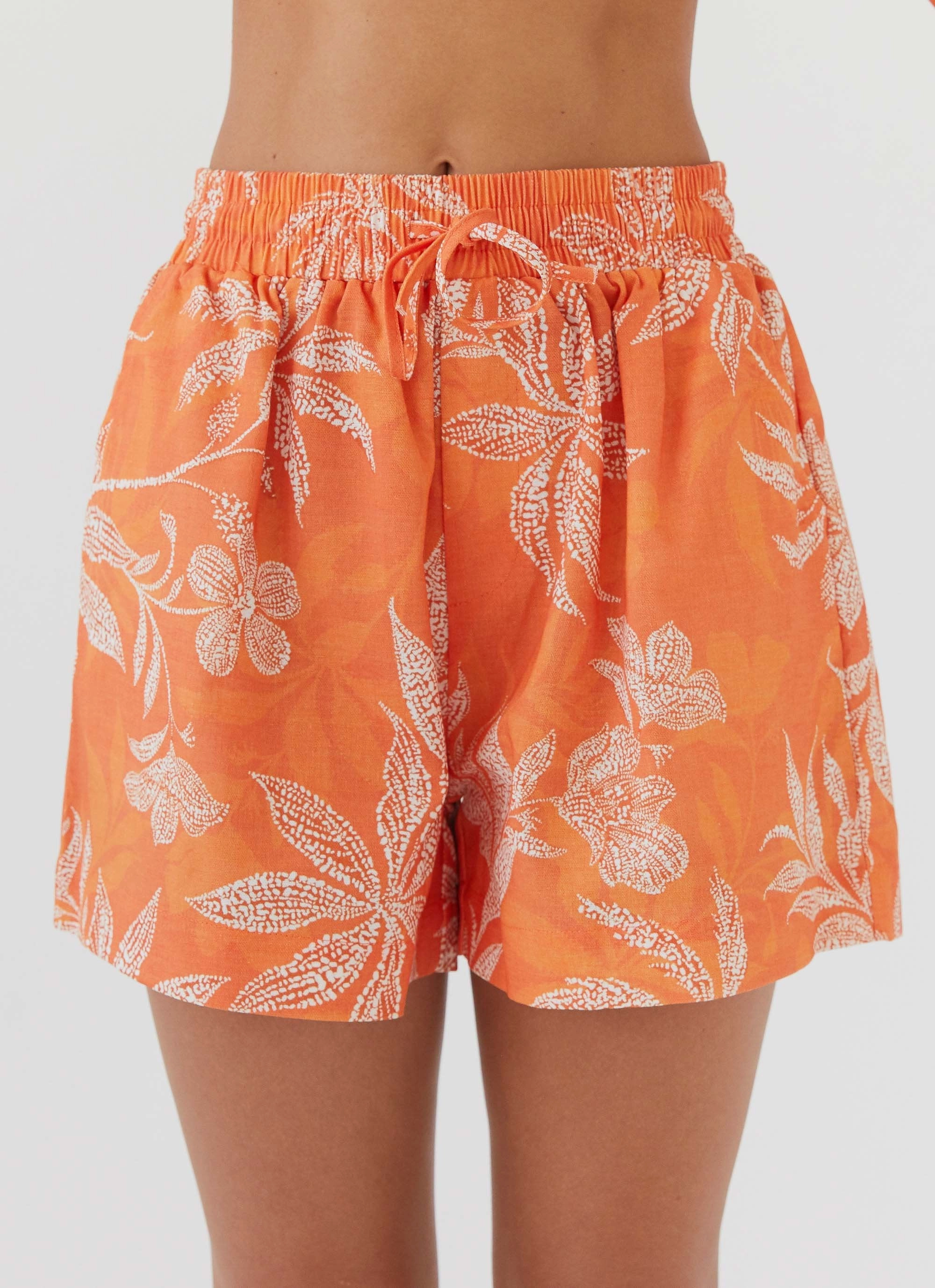 Sweet Relief Linen Shorts - Tropic Sunset Minimal Detail