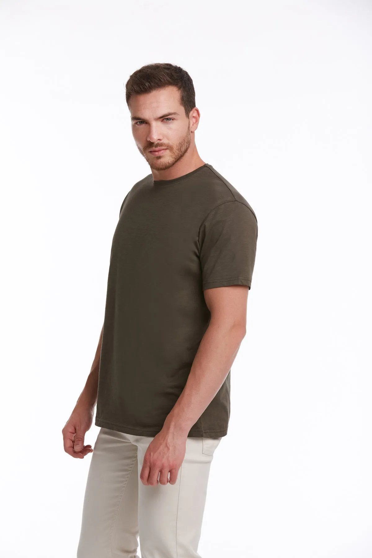 Slim Fit Basic Cotton Khaki Crew Neck T-Shirt