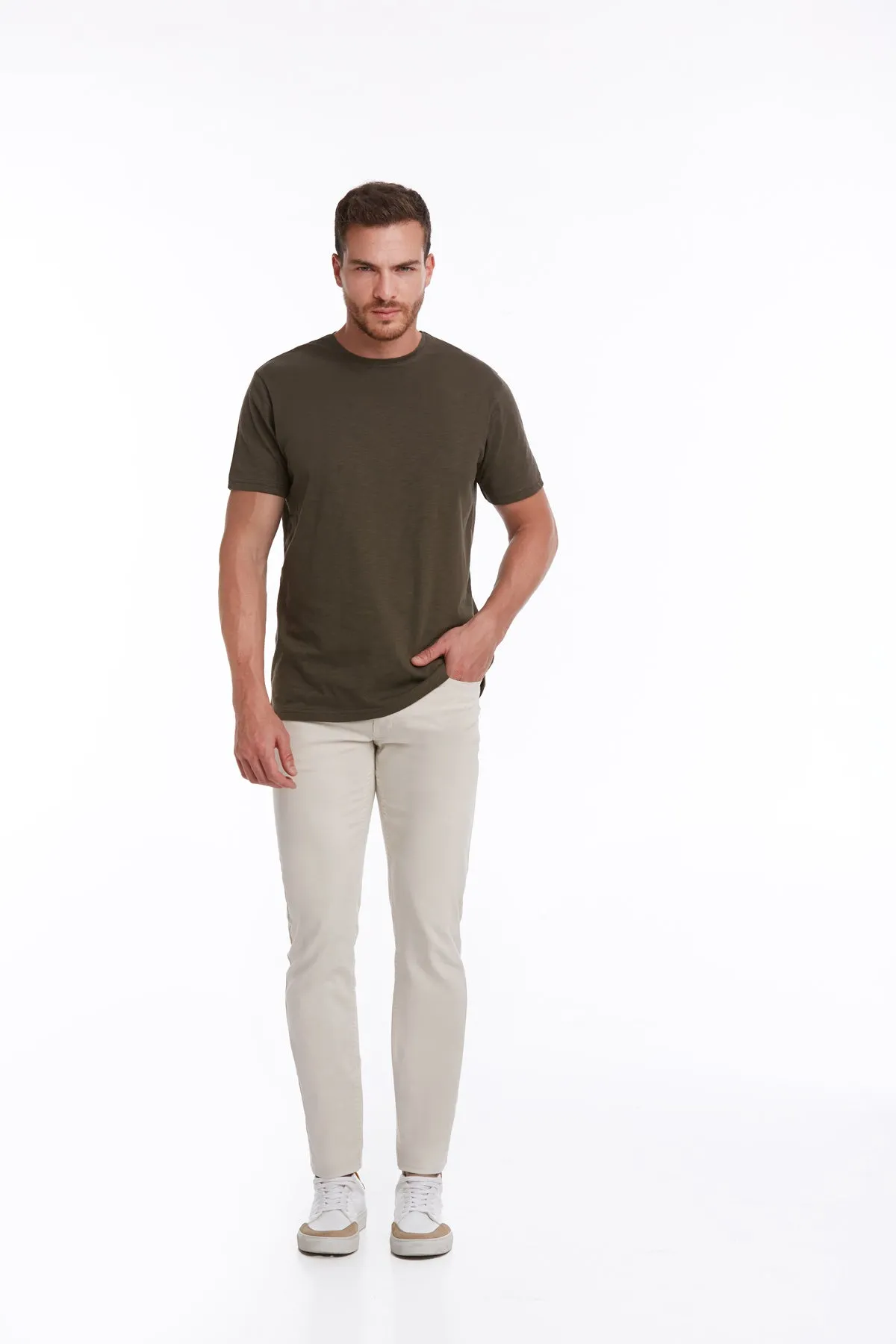 Slim Fit Basic Cotton Khaki Crew Neck T-Shirt