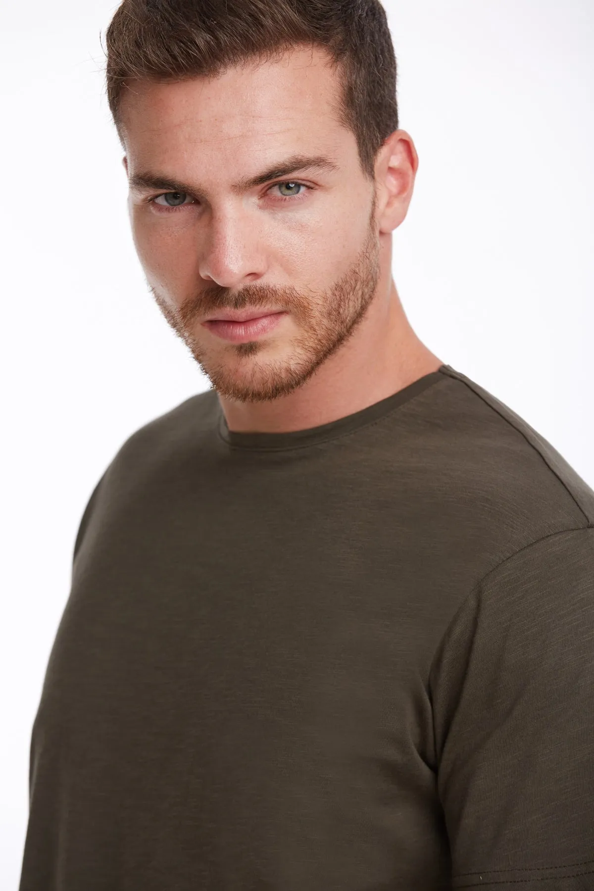 Slim Fit Basic Cotton Khaki Crew Neck T-Shirt