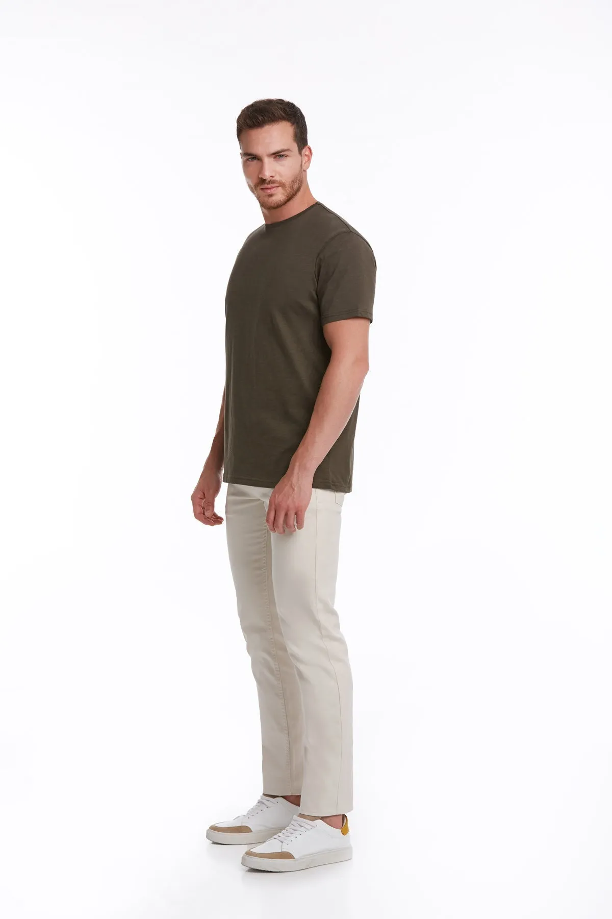 Slim Fit Basic Cotton Khaki Crew Neck T-Shirt