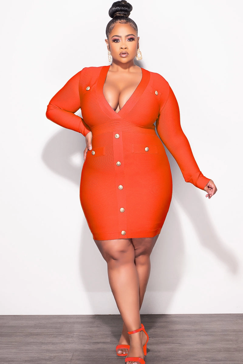 Customizable length Relax Fit Design Final Sale Plus Size Deep Faux Wrap Long Sleeve Bandage BodyCon Dress with Gold Buttons in Red