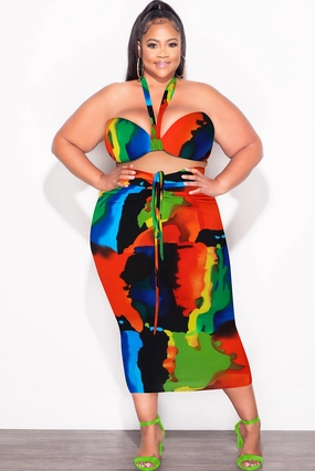Final Sale Plus Size 2pc Set with Self Tie Top & Ruched Skirt in Multi-Color Paint Print Chic Vibe Comfort Base