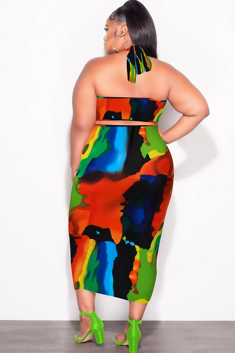 Final Sale Plus Size 2pc Set with Self Tie Top & Ruched Skirt in Multi-Color Paint Print Formal Look