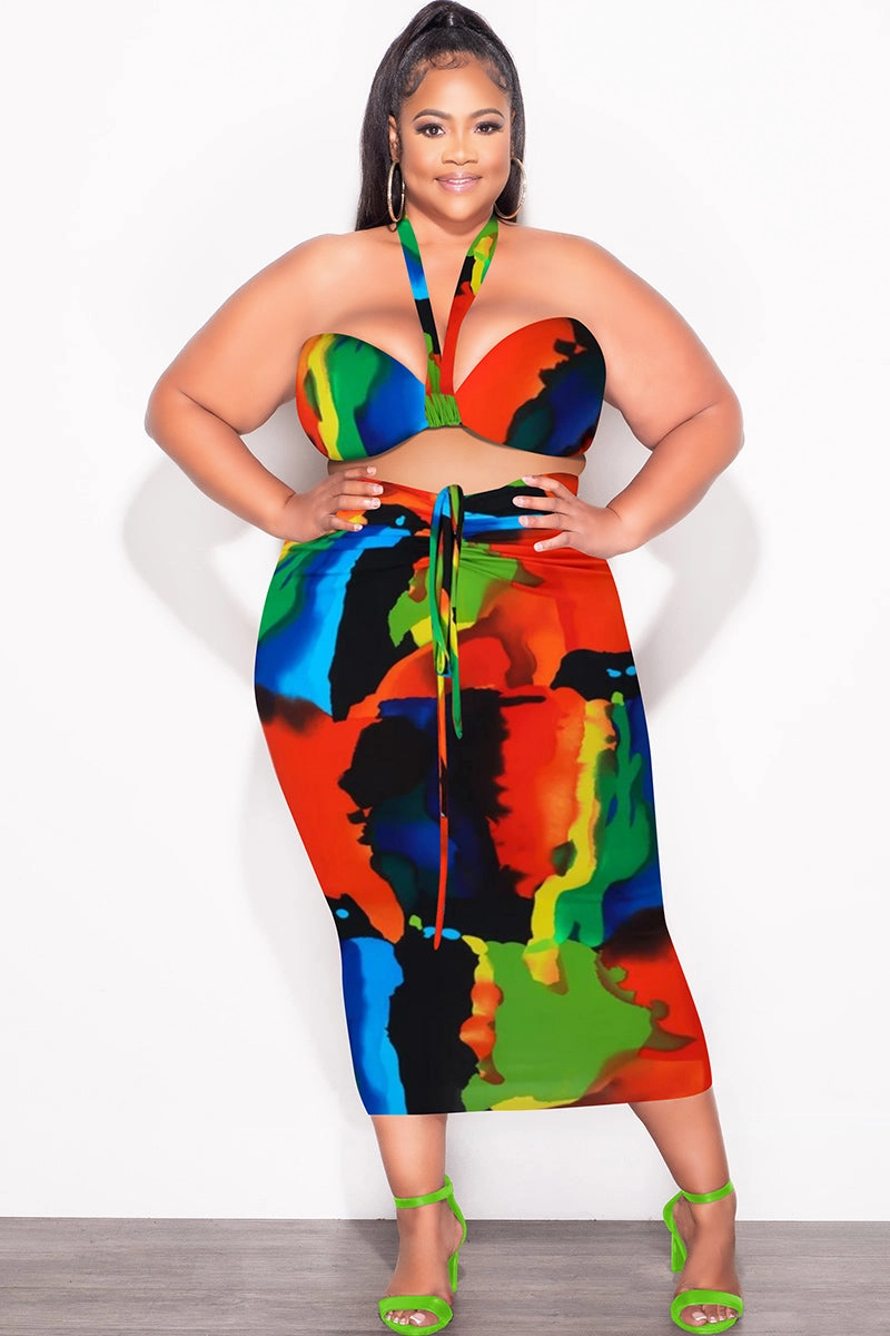 Final Sale Plus Size 2pc Set with Self Tie Top & Ruched Skirt in Multi-Color Paint Print Chic Vibe Comfort Base