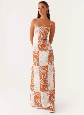 Playful design piece Cool Palette Aster Bloom Maxi Dress - Orange Blue Floral