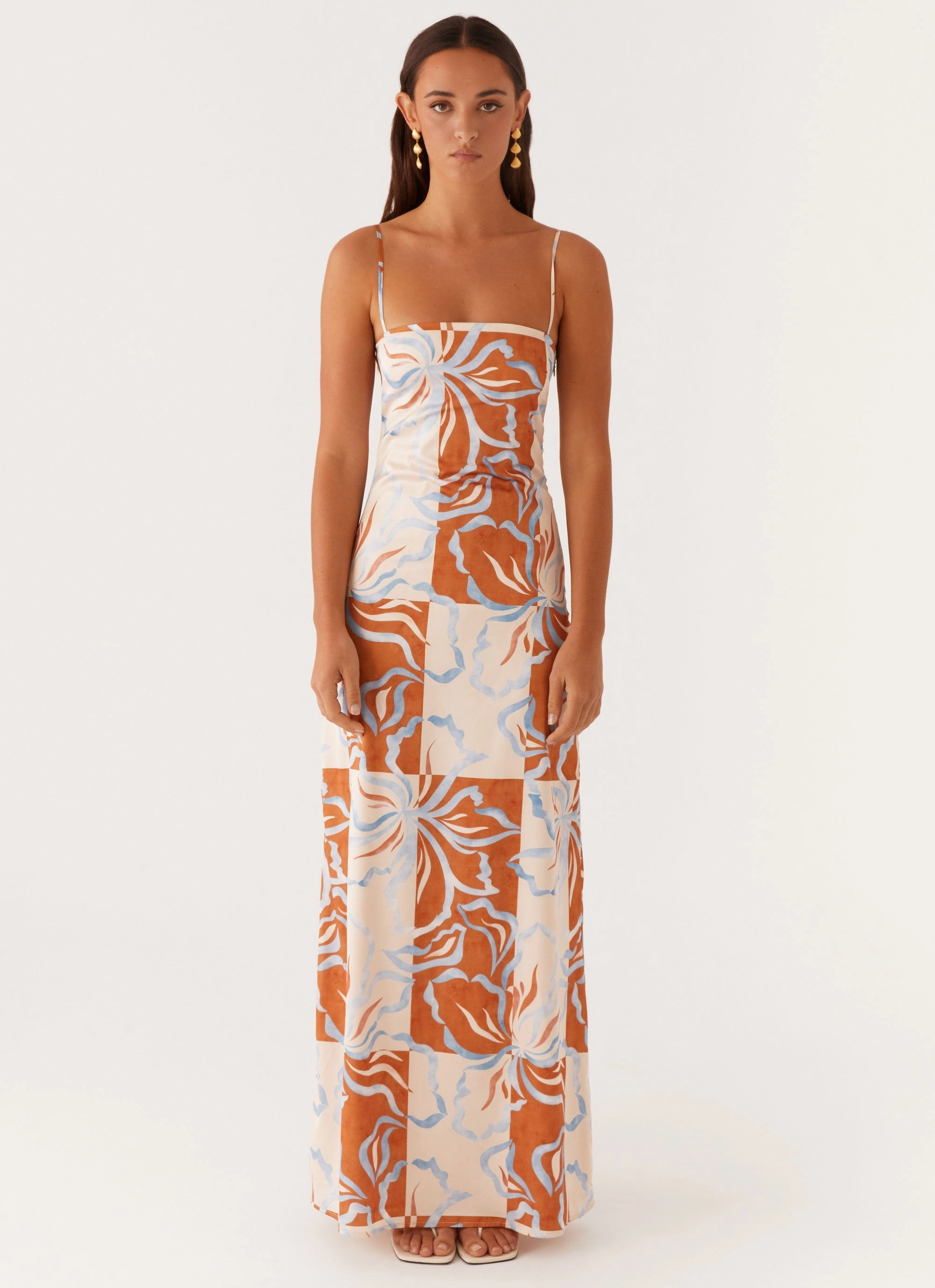 Aster Bloom Maxi Dress - Orange Blue Floral perfect for events