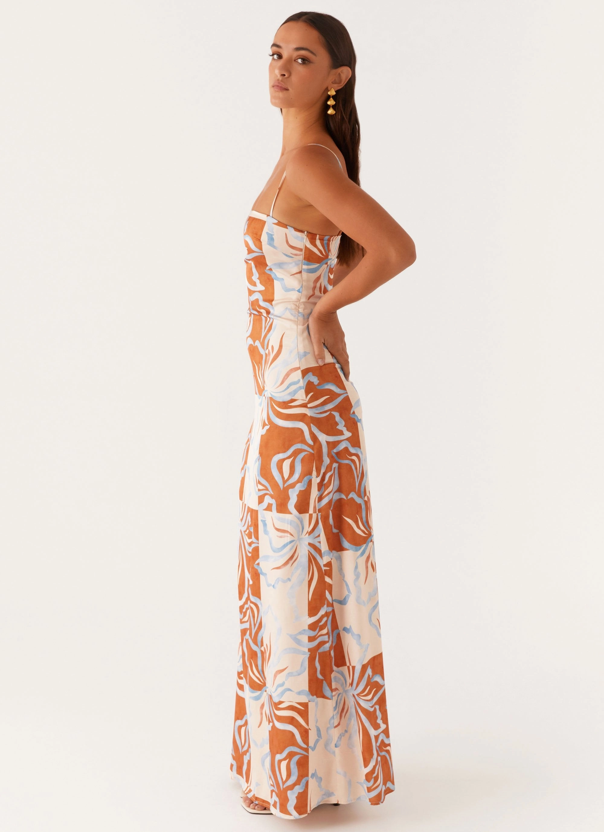 Aster Bloom Maxi Dress - Orange Blue Floral Nature Bloom Visual Balance