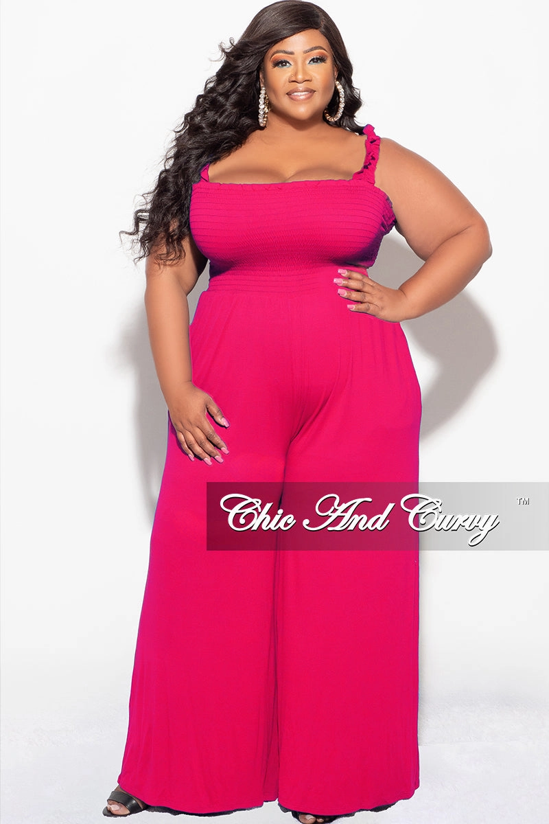 Final Sale Plus Size Jumpsuit with Smocking & Elastic Straps in Fuchsia Easy Motion EasyCareFabric