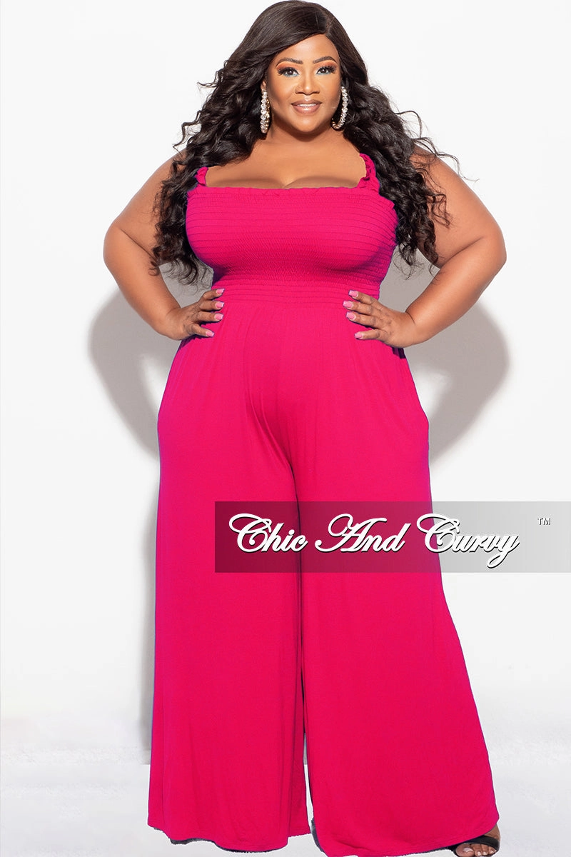 Final Sale Plus Size Jumpsuit with Smocking & Elastic Straps in Fuchsia Relax Fit Design Stretchy Waist