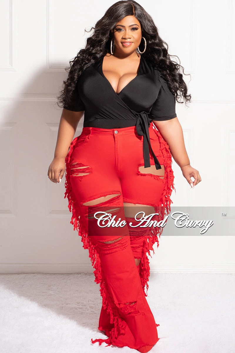 Final Sale Plus Size Faux Wrap Bodysuit in Black Raw edge Breathable Comfort