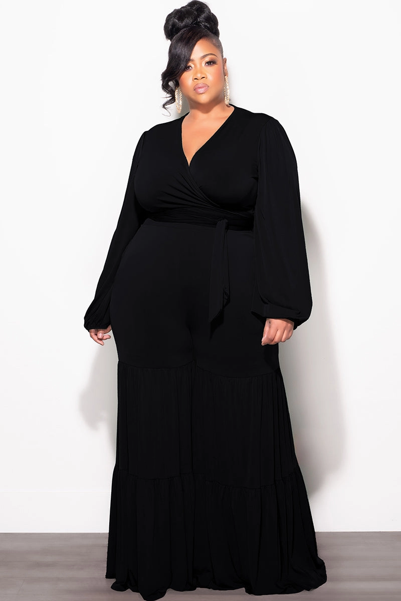 Final Sale Plus Size 2pc Long Sleeve Crop Tie Top and 3-Layer Pants Set in Black ThermalRegulation Fashionable Cut