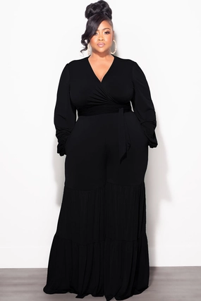 Final Sale Plus Size 2pc Long Sleeve Crop Tie Top and 3-Layer Pants Set in Black MoistureControlLiner Water-resistant