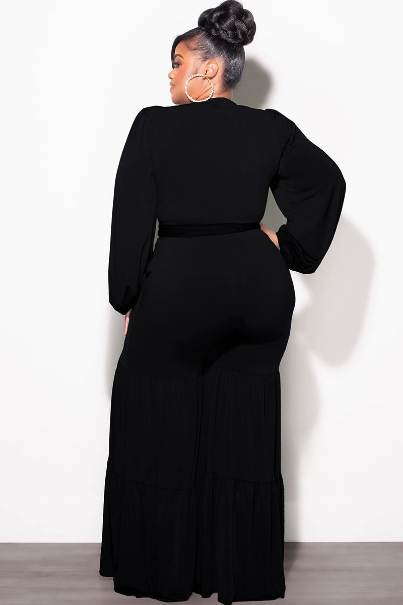 Final Sale Plus Size 2pc Long Sleeve Crop Tie Top and 3-Layer Pants Set in Black Bi Stretch Fabric MoistureWickingFabric