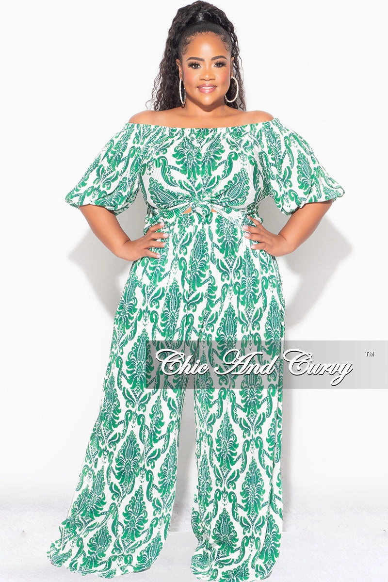 Stay Comfortable Final Sale Plus Size Off the Shoulder Pleated Tie Top and Palazzo Pants Set in Green and White