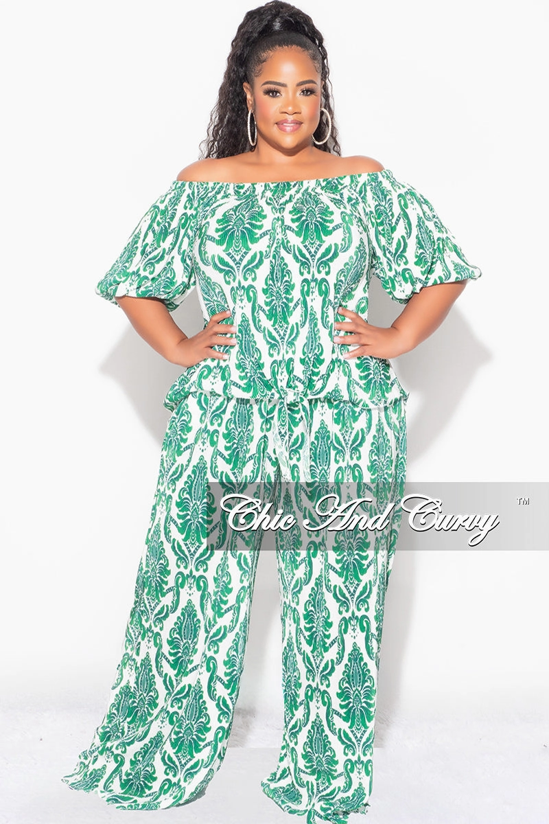 Final Sale Plus Size Off the Shoulder Pleated Tie Top and Palazzo Pants Set in Green and White Breathable Design Cozy Waist