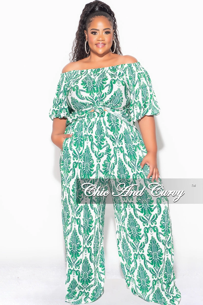 Final Sale Plus Size Off the Shoulder Pleated Tie Top and Palazzo Pants Set in Green and White Flexible Leg