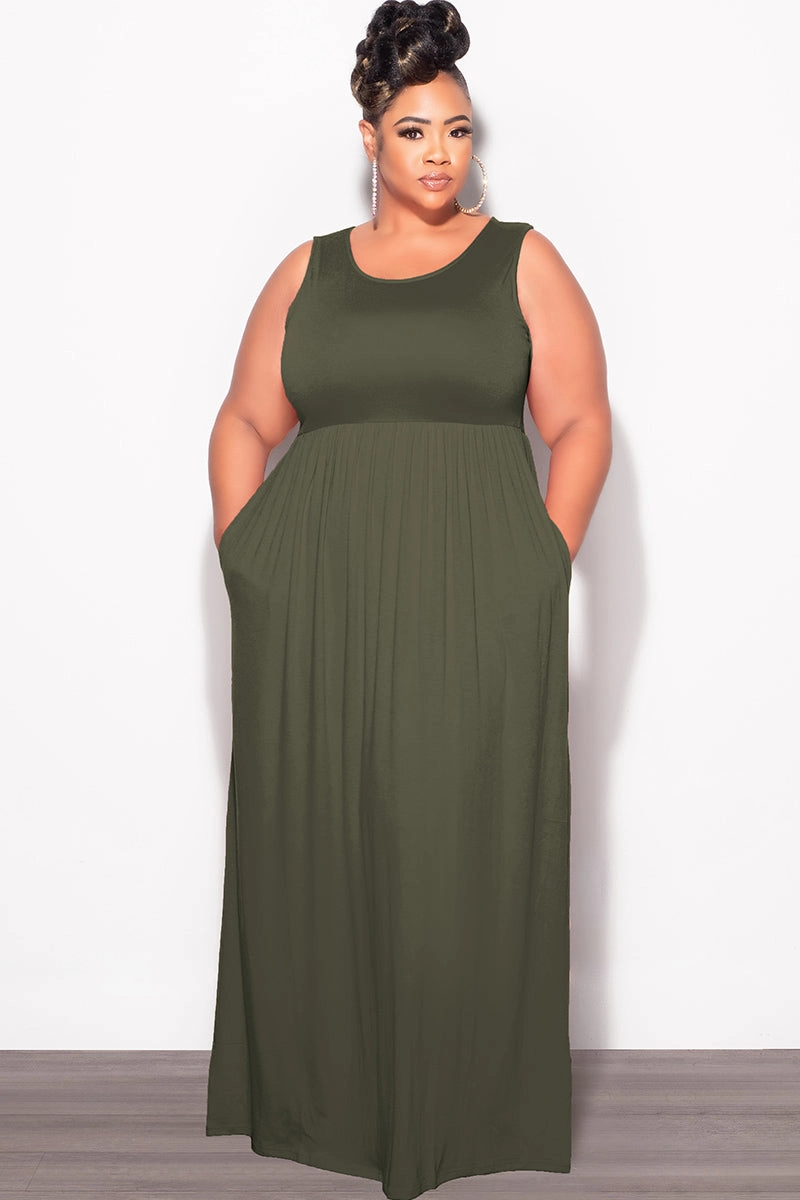 Durable Seam Construction Smart Utility Final Sale Plus Size Sleeveless Maxi Dress in Olive